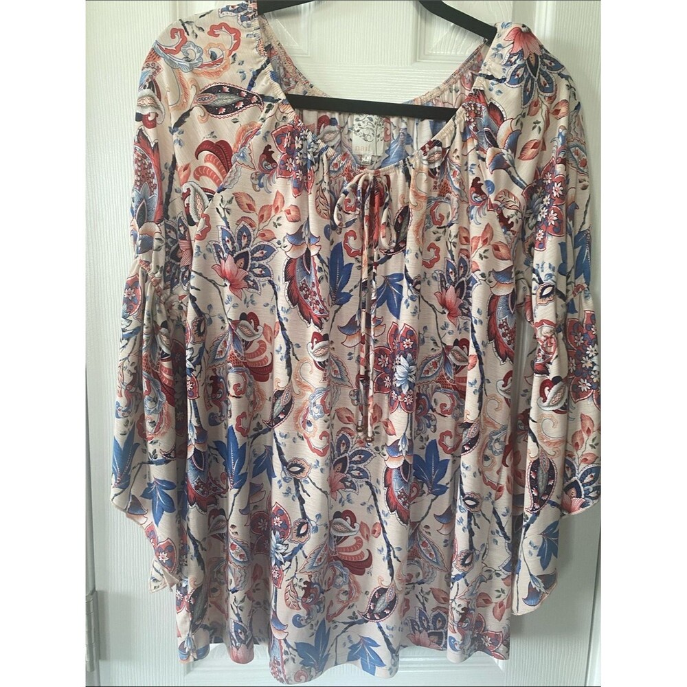 NAIF Tunic Light Pink Blue Red Coral Floral & Paisley Tie-Neck Split Sleeve Sz L